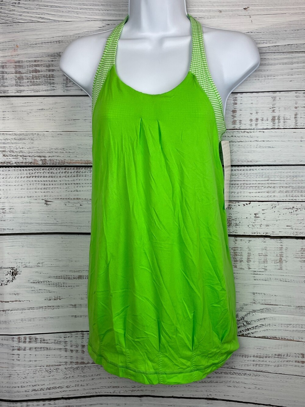 Lululemon Practice Freely Womens Sz 6 Tank Top Neon Green Gingham Plaid